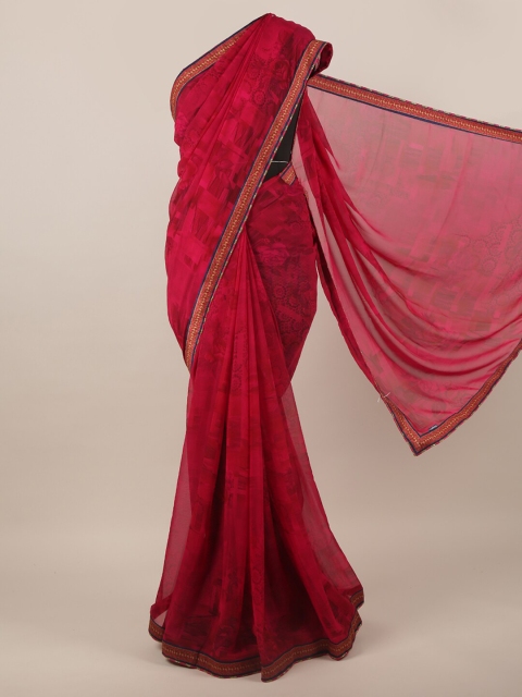 

Pothys Magenta & Blue Floral Printed Poly Chiffon Saree