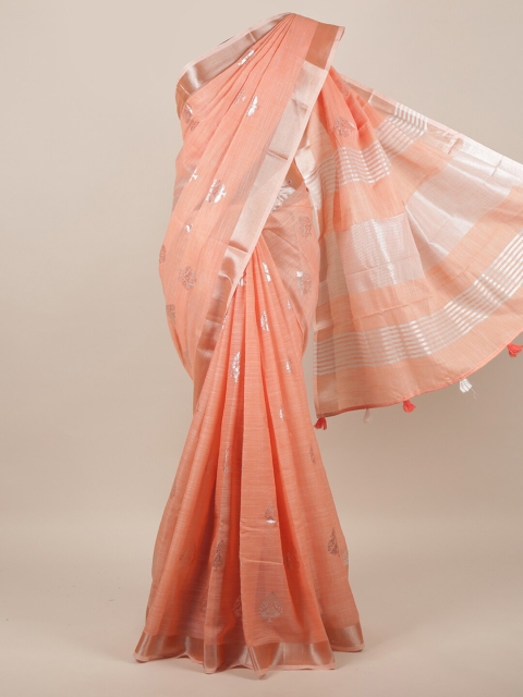 

Pothys Peach-Coloured & Silver-Toned Floral Zari Linen Blend Saree
