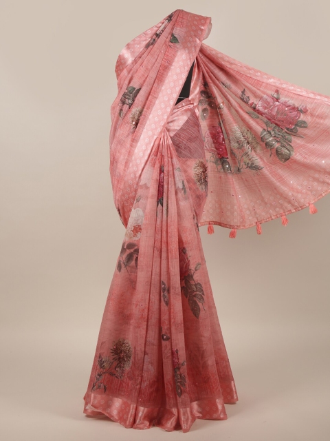 

Pothys Pink & Green Floral Zari Jute Silk Saree