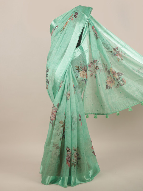 

Pothys Green & Brown Floral Jute Silk Saree