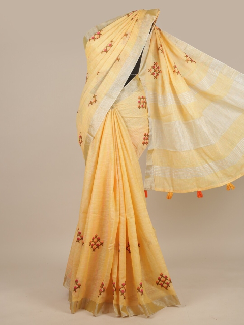 

Pothys Yellow & Pink Ethnic Motifs Linen Blend Saree