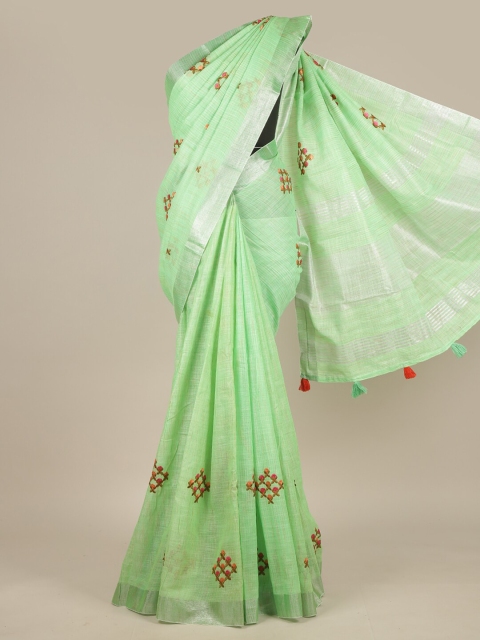 

Pothys Green & Pink Floral Embroidered Linen Blend Saree