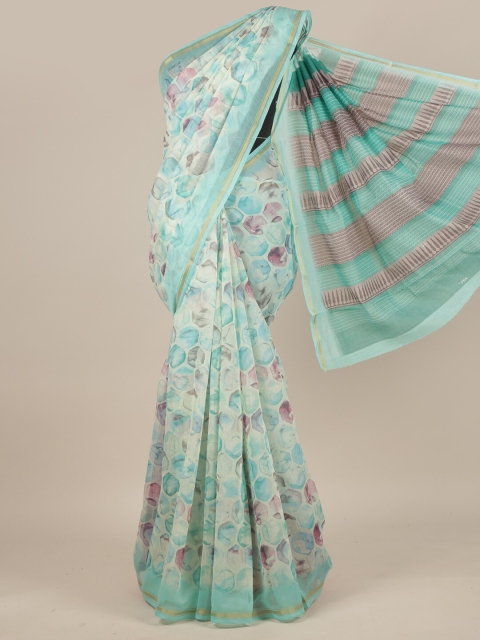 

Pothys Cream-Coloured & Turquoise Blue Printed Saree