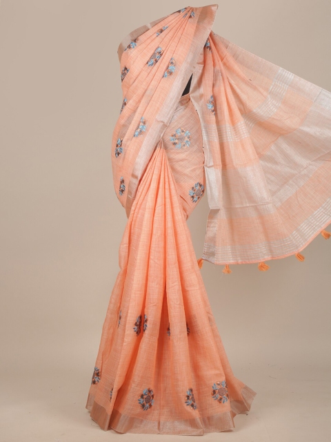 

Pothys Peach-Coloured & Grey Floral Embroidered Zari Saree