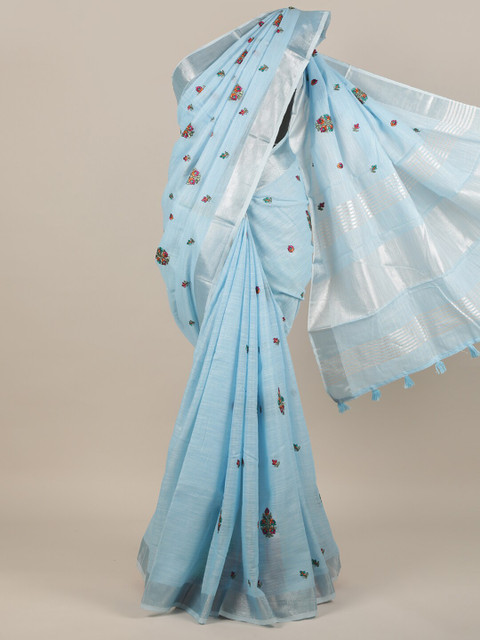 

Pothys Blue & Red Floral Zari Linen Blend Saree
