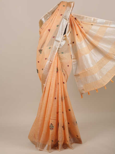 

Pothys Peach-Coloured & Red Floral Embroidered Linen Blend Saree
