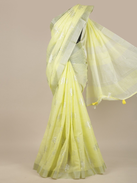 

Pothys Yellow & Silver-Toned Ethnic Motifs Linen Blend Saree