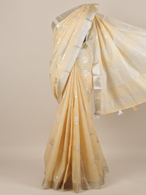 

Pothys Beige & Silver-Toned Floral Printed Zari Linen Blend Saree