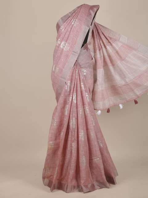 

Pothys Pink & Silver-Toned Ethnic Motifs Linen Blend Saree