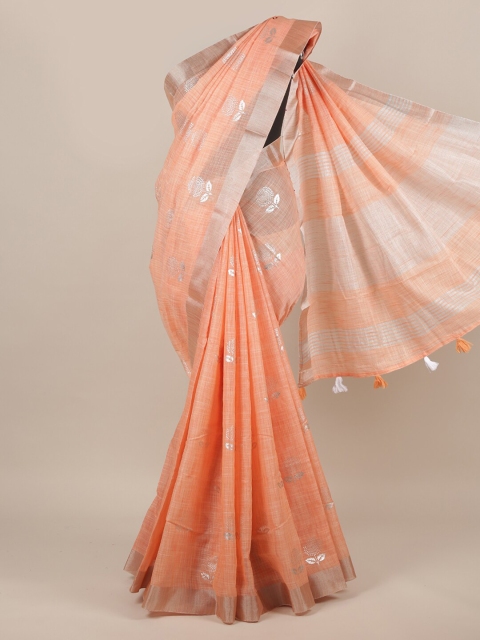 

Pothys Peach-Coloured & Silver-Toned Floral Printed Zari Saree