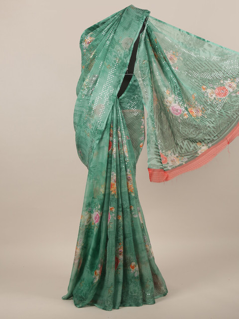 

Pothys Green & Pink Floral Sequinned Saree