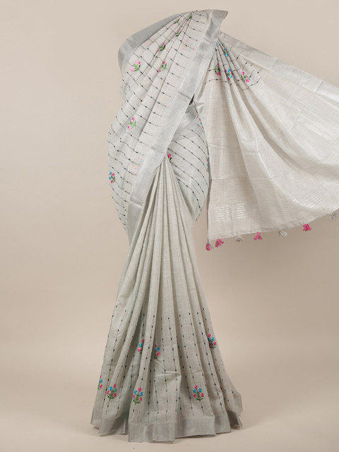 

Pothys Grey & Blue Striped Linen Blend Saree
