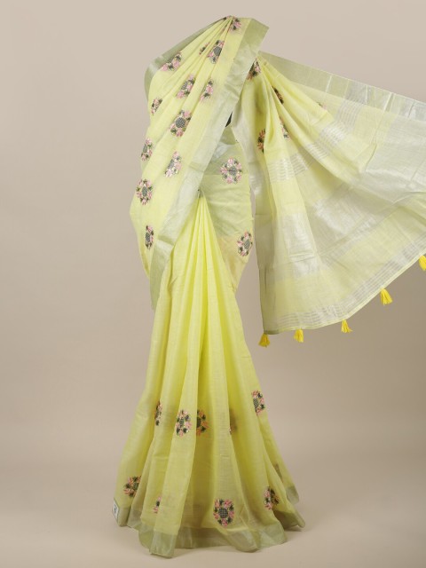 

Pothys Yellow & Pink Floral Embroidered Linen Blend Saree