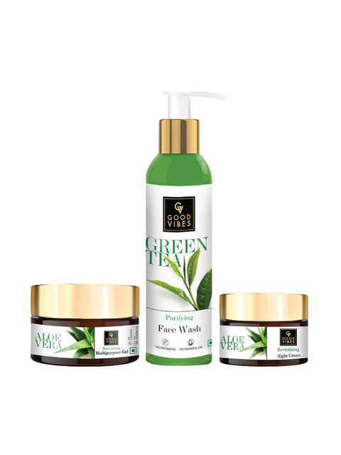 

Good Vibes Set of 3 Aloe Vera Skin Care Combo - Face Wash, Gel and Night Cream, Transparent