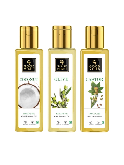 

Good Vibes Set Of 3 Olive with Castor & Coconut Pure Carrier Cold Pressed Oils 300 ml, Transparent