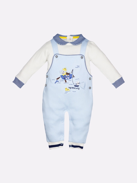 

BABY GO Boys Blue & White Graphic Printed Pure Cotton Dungarees With T-Shirt