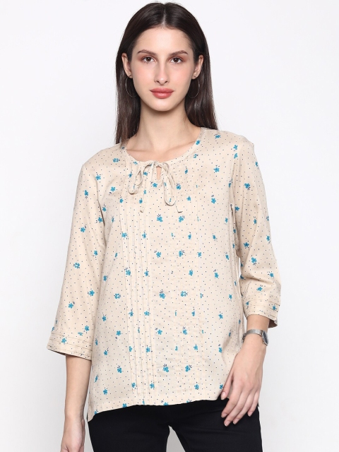 

CINNAMON CLOSET Beige & Blue Floral Tie-Up Neck Regular Top