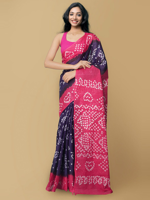 

Unnati Silks Navy Blue & Pink Pure Cotton Bandhani Saree
