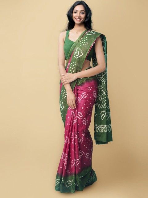 

Unnati Silks Pink & Green Printed Pure Cotton Bandhani Saree