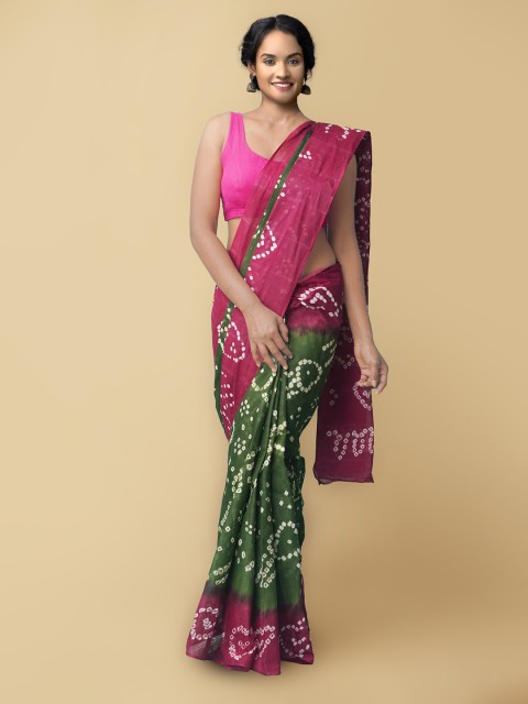 

Unnati Silks Women Green & Magenta Handloom Sustainable Pure Bandhani Cotton Saree