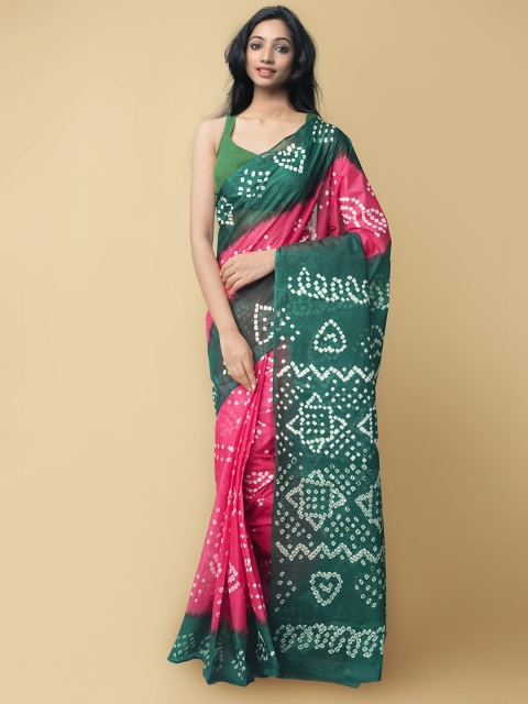 

Unnati Silks Pink & Green Bandhani Pure Cotton Bandhani Saree