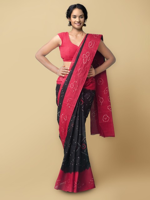 

Unnati Silks Black & Pink Bandhani Printed Pure Cotton Saree