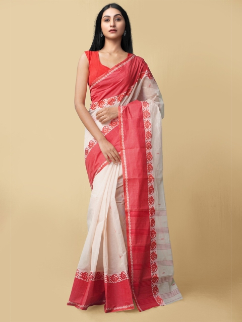 

Unnati Silks Women Cream Colored Woven Design Taant Pure Cotton Saree