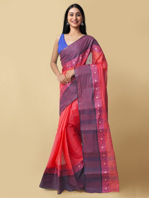 

Unnati Silks Red & Purple Woven Design Handloom Pure Cotton Taant Saree