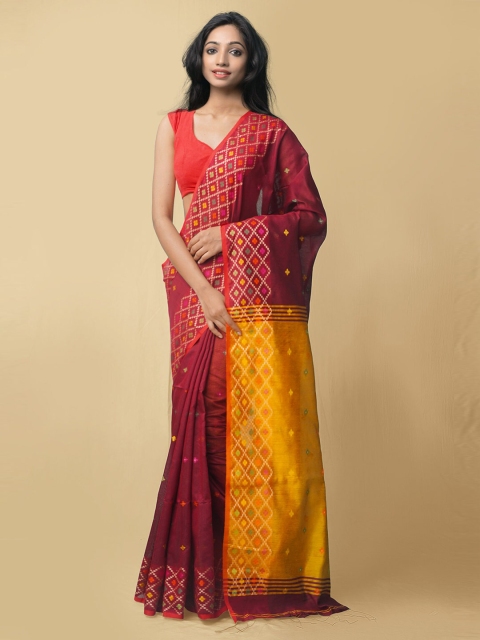 

Unnati Silks Maroon & Yellow Woven Design Pure Linen Jamdani Saree