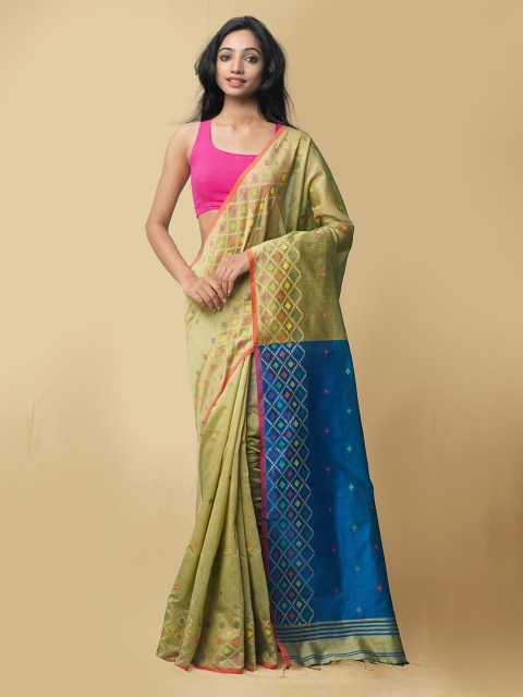

Unnati Silks Green & Blue Pure Bengal Linen Jamdani Saree