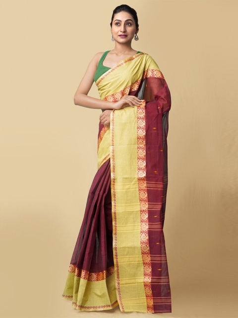 

Unnati Silks Women Maroon & Lime Green Pure Handloom Tant Bengal Cotton Sustainable Saree