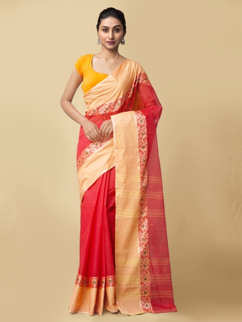 

Unnati Silks Women Red & Beige Pure Handloom Tant Bengal Cotton Sustainable Saree