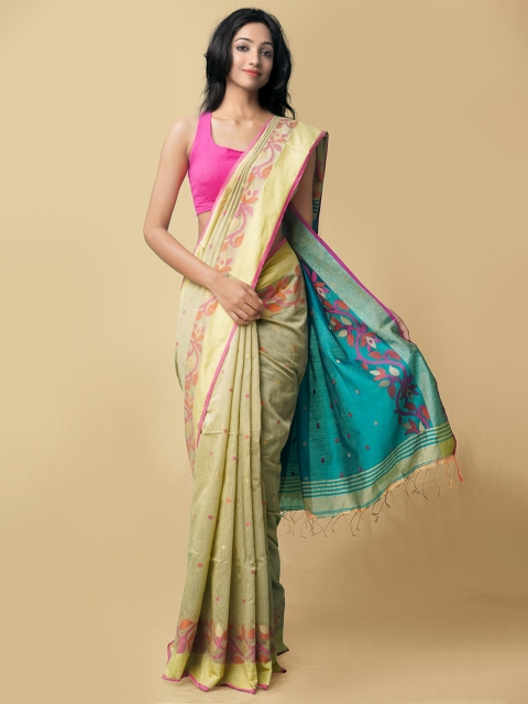 

Unnati Silks Beige & Blue Woven Design Bengal Pure Linen Jamdani Saree