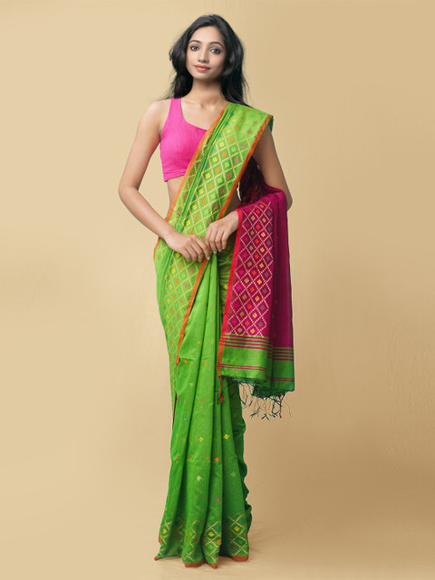 

Unnati Silks Green & Fuchsia Pure Bengal Linen Jamdani Saree