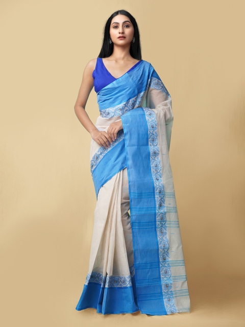 

Unnati Silks Women Blue & Cream-Coloured Pure Handloom Tant Bengal Cotton Sustainable Saree