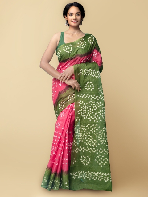 

Unnati Silks Pink & Green Printed Pure Cotton Bandhani Saree