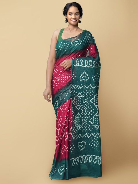 

Unnati Silks Women Maroon & Green Handloom Sustainable Pure Bandhani Cotton Saree