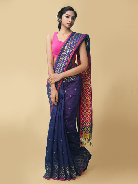 

Unnati Silks Navy Blue & Pink Woven Design Pure Linen Jamdani Saree