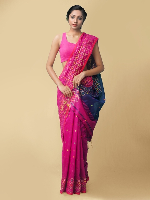 

Unnati Silks Pink & Blue Woven Design Pure Linen Jamdani Saree