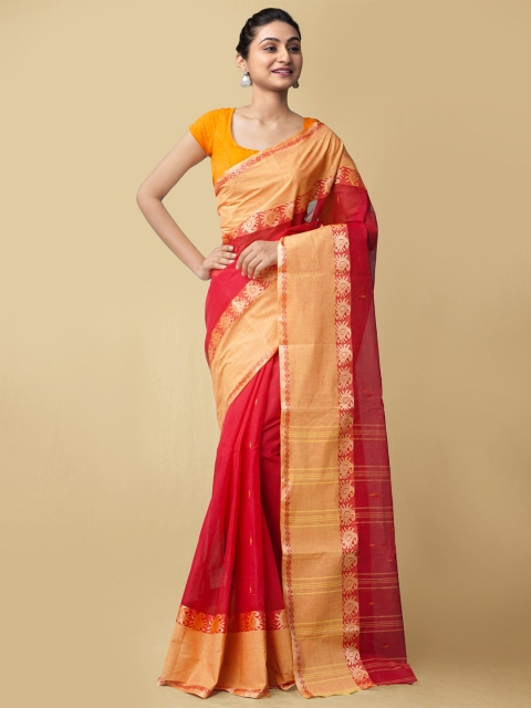 

Unnati Silks Women Red & Peach-Coloured Pure Handloom Tant Bengal Cotton Sustainable Saree