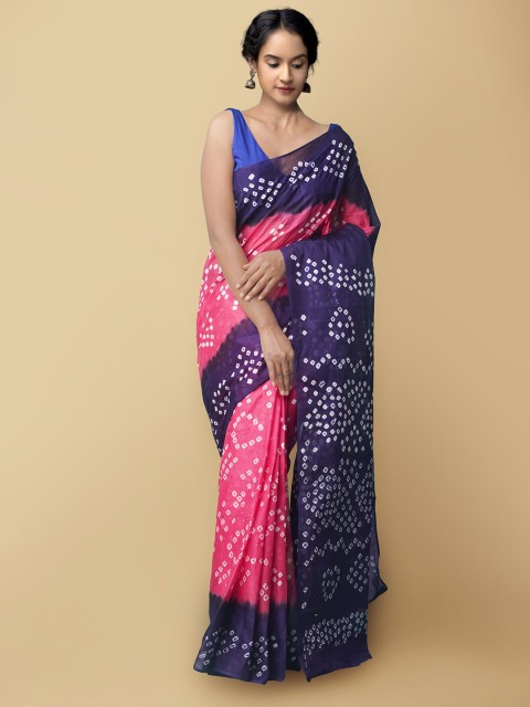 

Unnati Silks Women Pink & Blue Handloom Sustainable Pure Bandhani Cotton Saree