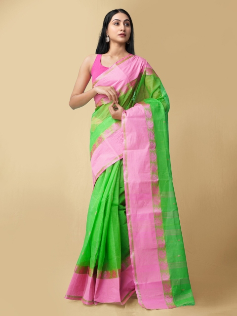

Unnati Silks Green & Pink Woven Design Pure Cotton Taant Saree