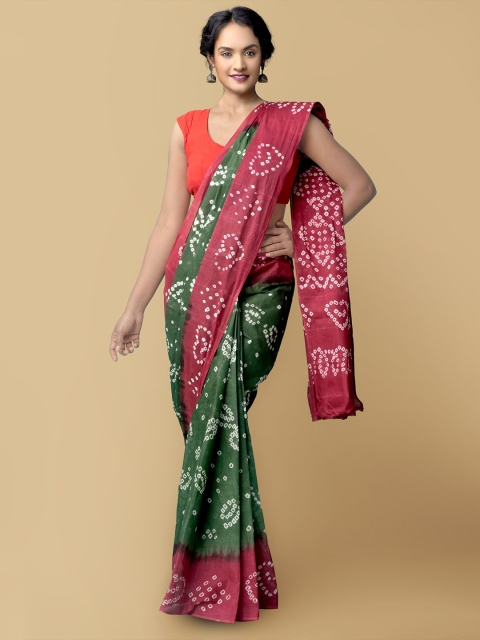 

Unnati Silks Women Green & Red Handloom Sustainable Pure Cotton Bandhani Saree