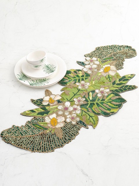 

Home Centre Green & Gold Coloured Floral Glass Beaded Table Runner