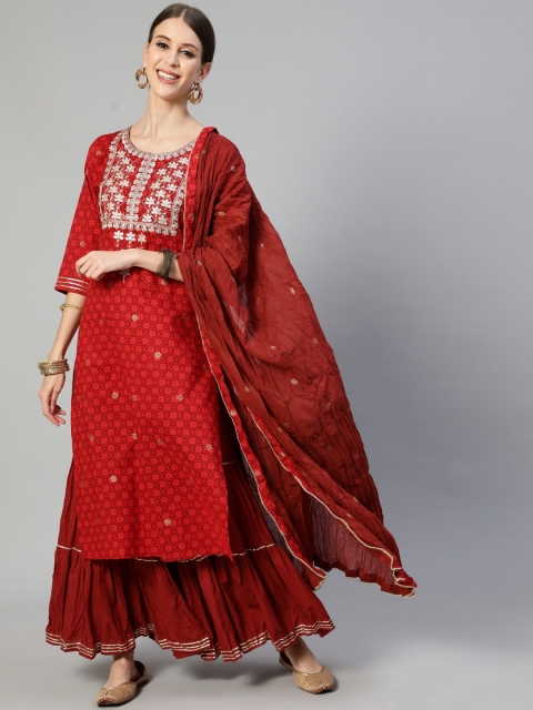

Ishin Women Maroon Ethnic Motifs Embroidered Regular Kurta with Sharara & Dupatta