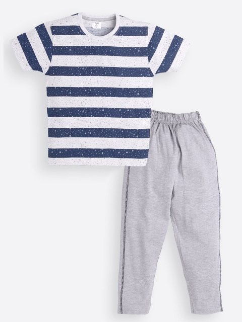 

Todd N Teen Boys Navy Blue & Grey Striped Pure Cotton T-shirt with Trousers