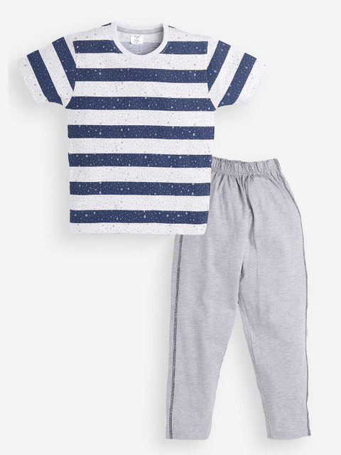 

Todd N Teen Boys Grey & Navy Blue Striped Pure Cotton T-shirt with Track Pants