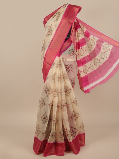 

Pothys Cream-Coloured & Pink Floral Printed Zari Saree