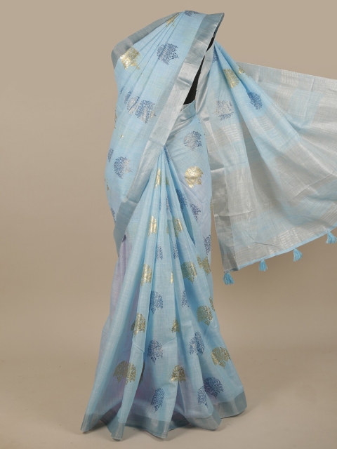 

Pothys Blue & Silver-Toned Floral Zari Linen Blend Saree
