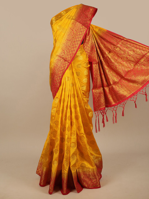 

Pothys Yellow & Red Ethnic Motifs Zari Jute Silk Saree